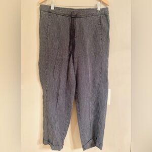 J Jill Womens Medium Blue Striped 100% Linen Pants Drawstring Waist Pockets